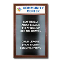 Indoor LED Lighted Enclosed Wood Framed Letter Boards with Header | Wall Mount Single Door Display Case