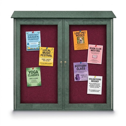 Outdoor Message Center Enclosed Cork Board 40" x 40" - Woodland Green Finish, Burgundy Vinyl