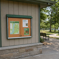 Eco-Design 48x36 Outdoor Message Center Cork Bulletin Board with Front Ratchet Locking Sliding Doors and Faux Wood Information Board