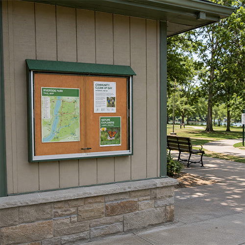 Eco-Design 48x36 Outdoor Message Center Cork Bulletin Board with Front Ratchet Locking Sliding Doors and Faux Wood Information Board