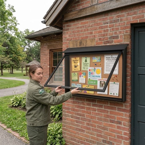 Outdoor Message Center Cork Board 45" x 30" | TOP Hinged - Single Door Information Board