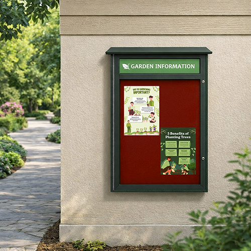 24" x 32" Viewable Area Outdoor Message Center Cork Board with Header | LEFT Hinged Single Door
