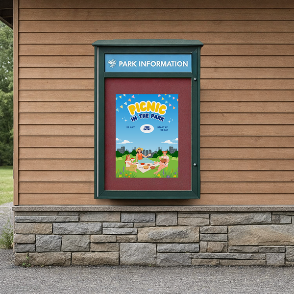 27" x 41" Viewable Area Outdoor Message Center Cork Board with Header | LEFT Hinged Single Door