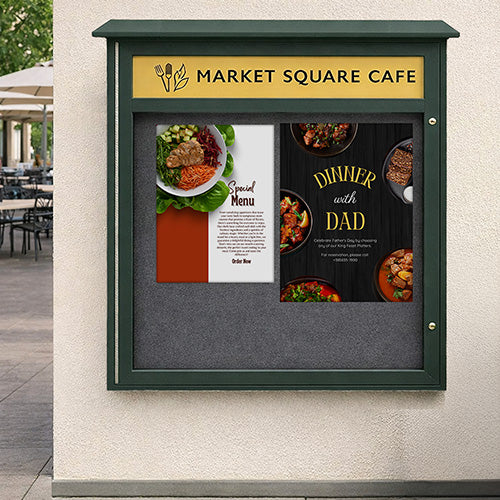 42" x 42" Viewable Area Outdoor Message Center Cork Board with Header | LEFT Hinged Single Door