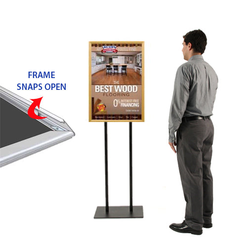 Double Pole Floor Stand 8.5x14 Sign Holder | Wood Snap Frame 1 1/4" Wide