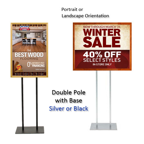 Double Pole Floor Stand 8.5x14 Sign Holder | Wood Snap Frame 1 1/4" Wide