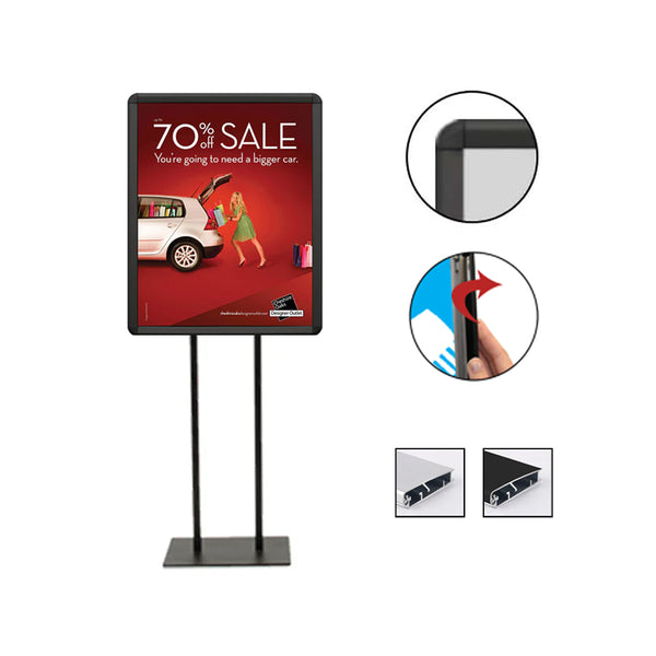 Double Pole Floor Stand 27x40 Sign Holder | Aluminum Snap Frame with Rounded, Radius Edge Corners