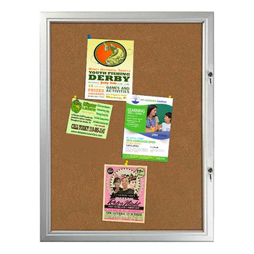 28 x 38 WEATHERPROOF Lockable Notice Enclosed Corkboard | Holds (9) 8.5x11 Postings | Silver Finish