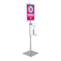 Hand Sanitizer Floor Stand on Post with 11 x 17 Snap Frame Sign Holder and Holds 33.8oz Dispenser