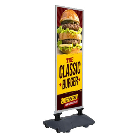 STREET-MASTER™ Slim Sidewalk Sign 22x60 Wind Stand with Slide-In Frame and Fillable Water Base | Shown in Silver Finish