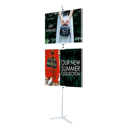 Slide-In Poster Display Floorstand SignHolder Travel Base 72 Inches | Shown in Silver finish with two graphics