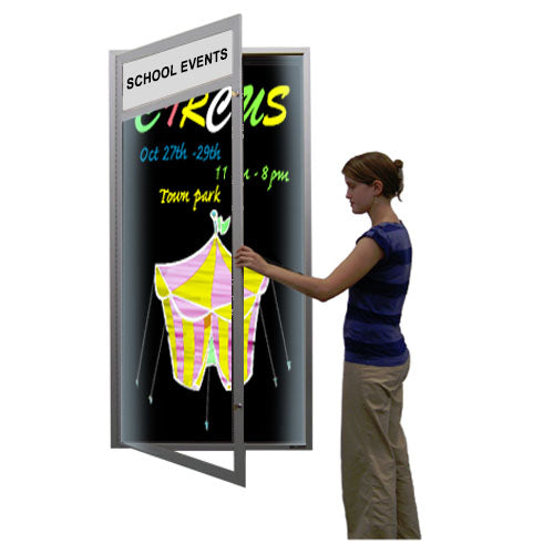 Wall Mount, Extra Large Enclosed Dry Erase Black Board SwingCases with Personalized Message Header and LED Lights | Magnetic Gloss Black Board Porcelain on Steel Writing Surface