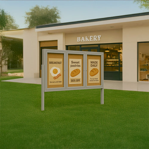 Freestanding 3 Door Enclosed Outdoor Bulletin Boards 84" x 36" with Lights + Posts