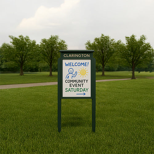 26" x 42" Standing Outdoor Message Center Magnetic White Dry Erase Board with Header (Single Door)