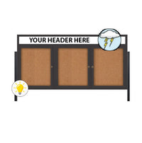 Freestanding 3 Door Enclosed Outdoor Bulletin Boards 84" x 30" Lighted w Message Header on Posts