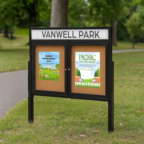 Free-Standing, Two Door 48x48 Outdoor Cork Bulletin Board with Personalized Message Header and Smooth Radius Edge Metal Cabinet