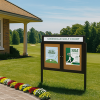 Free-Standing, Two Door 48x48 Outdoor Cork Bulletin Board with Personalized Message Header and Smooth Radius Edge Metal Cabinet