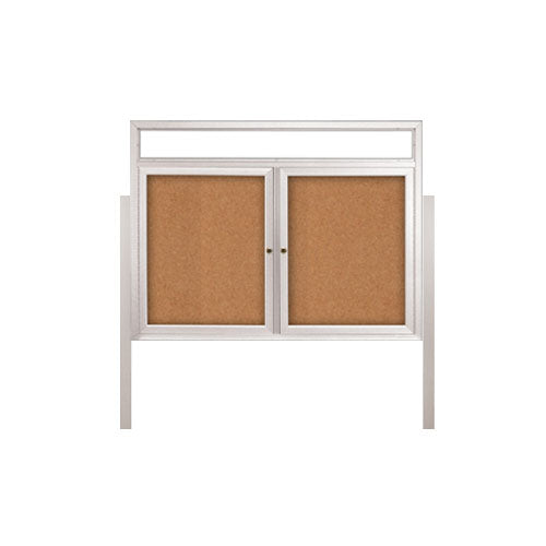 2-DOOR ILLUMINATED HEADER CORKBOARD 40" x 40" RADIUS EDGES WITH MITERED CORNERS (SHOWN IN SATIN SILVER)