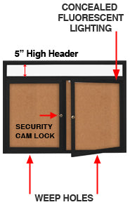 Enclosed Outdoor Bulletin Boards Radius Edge + LED Lighting + Header with 2-3 Door Metal Display Cases in 35+ Sizes