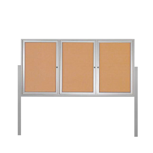 FREESTANDING 72 x 36 CORK BOARD 3-DOORS WITH LIGHTS & (2) POSTS (SHOW in SILVER FINISH)