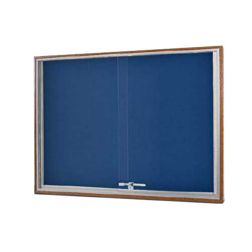 SLIDING GLASS DOOR WOOD FRAMED BULLETIN BOARD WITH COBALT ACCENT FABRIC