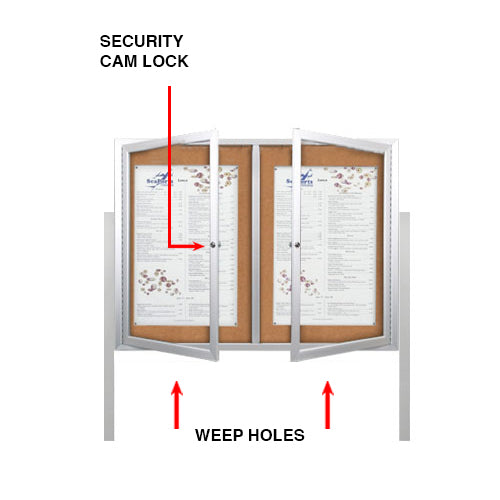 Freestanding 2 Door Enclosed Outdoor Bulletin Boards 96" x 48" with Lights + Posts