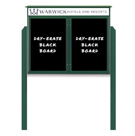 48" x 48" Outdoor Message Center - Double Door Magnetic Black Dry Erase Board with Header and Posts