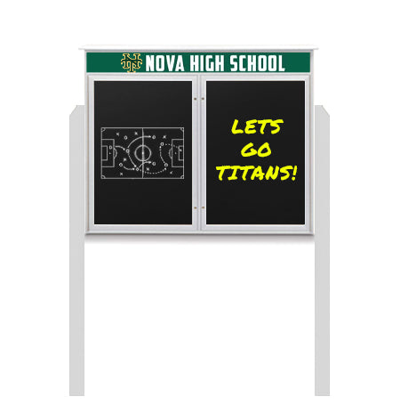 52" x 40" Outdoor Message Center - Double Door Magnetic Black Dry Erase Board with Header and Posts