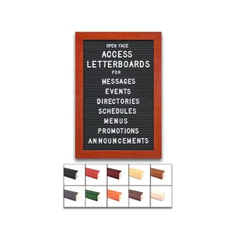 Access Letterboard | Open Face 18x18 Framed Black Vinyl Letter Board with 10 Classic Wooden 361 Frame Finishes