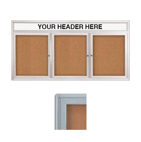 Indoor Enclosed Bulletin Boards 72 x 24 with Rounded Corners 3 Doors & Personalized Header