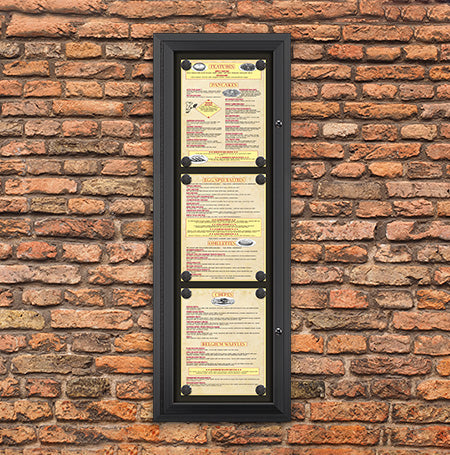 Outdoor Enclosed Magnetic Restaurant Menu Display Case | Tall, Wall Mount Metal Cabinet Holds Three 11" x 14" Portrait Menus STACKED