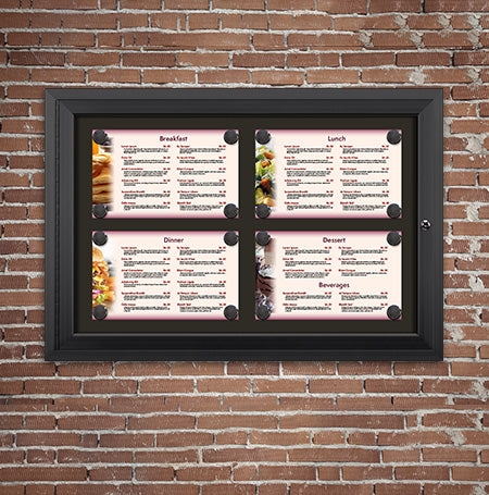 Outdoor Enclosed Magnetic Restaurant Menu Display Case | 14" x 8 1/2" Landscape | Holds Four Landscape Menus 2 TOP 2 BOTTOM