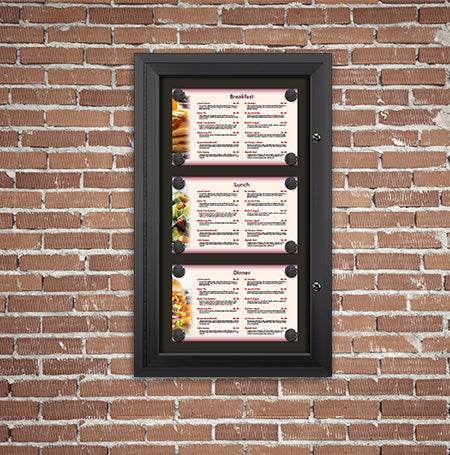 Outdoor Enclosed Magnetic Restaurant Menu Display Case | 14" x 8 1/2" Landscape | Holds Three Landscape Menus STACKED