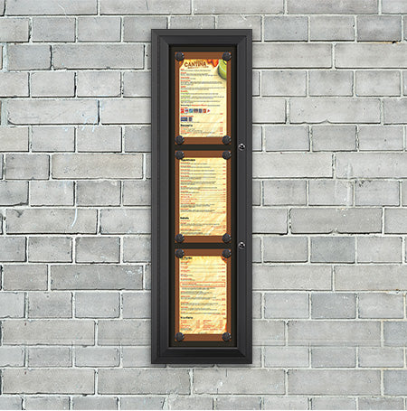 Outdoor Enclosed Magnetic Restaurant Menu Display Case | 8 1/2" x 14" Portrait | Holds Three Portrait Menus STACKED