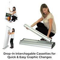 Double Sided Retractable Banner Stand features Drop-In Interchageable Cassettes for Quick and Easy Graphic Changes