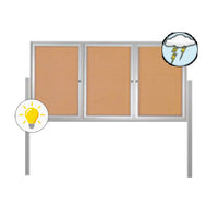 Freestanding 3 Door Enclosed Outdoor Bulletin Boards 84" x 30" with Lights + Posts