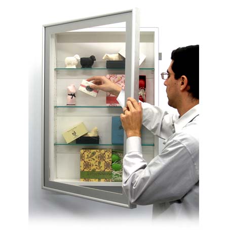 SwingFrame Designer Metal Framed Wall Display Case + Glass Shelves with a 4-inch Deep Cabinet Interior 25+ Sizes