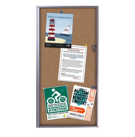 19x38 Indoor Enclosed Office Cork Board | Lockable Notice Board Holds Six 8.5x11 Postings | Satin Silver